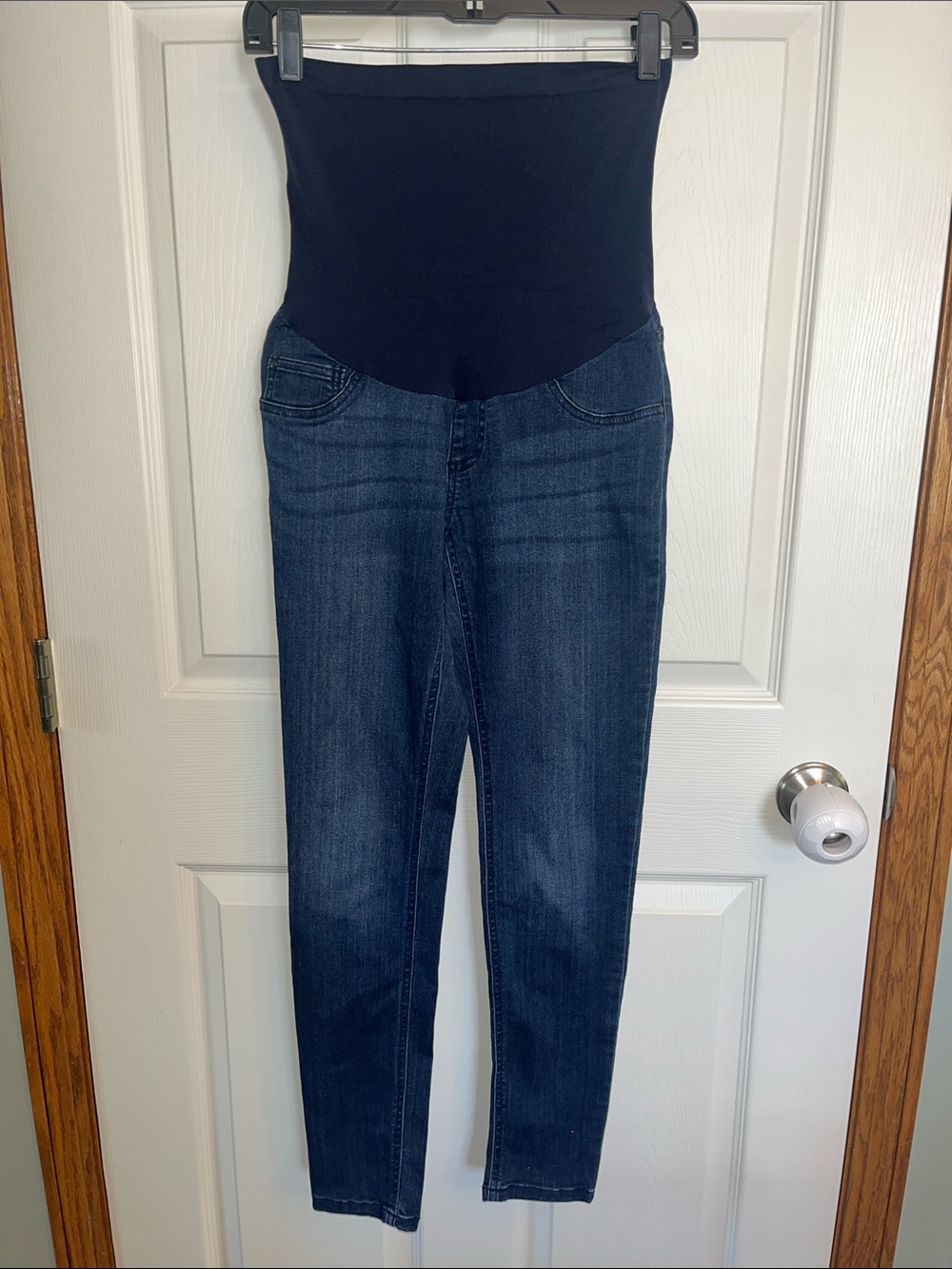 Indigo Blue Dark Blue Denim Maternity Jeggings with Black Support Panel